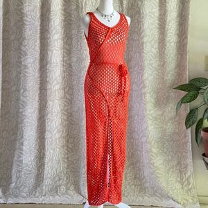 NWT JLUXLABEL Orange Crochet Cover-Up Dress Belted Maxi Beach Dress w/ Slit Sz S